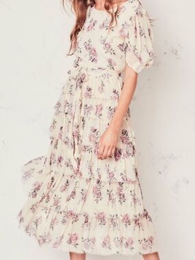 LoveShackFancy Cream Midi Dress with Pink Floral Print